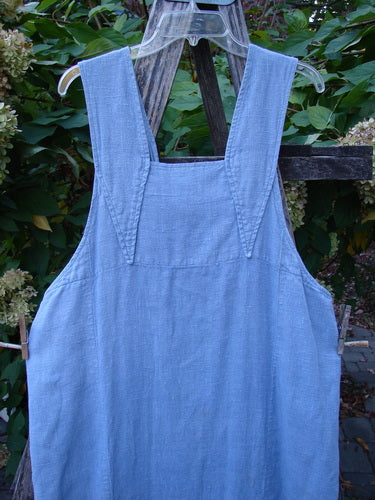 1999 Summercloth Suspender Overall Jumper Unpainted Bluestone Size 1 features a sleeveless, bib-style silhouette with wide straps, empire waist, oversized metal buttons, and deep side pockets, photographed against garden foliage.
