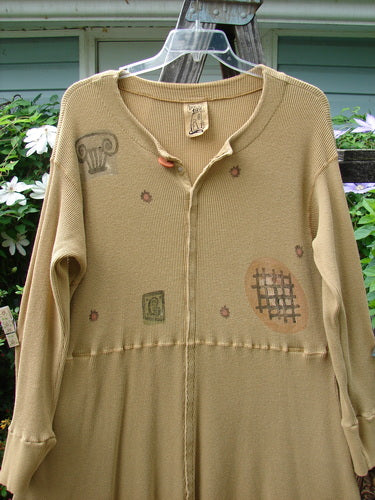 Vintage 1995 Thermal Soliloquy Dress in Burnished Gold, Size 2, by BlueFishFinder. Mid-weight cotton with ribbed accents, front snaps, sweeping hemline, and abstract architectural paint. Perfect for Fisher Gals seeking substance.