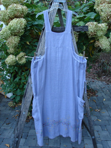 2000 Hemp Summercloth Hi Way Overall Jumper Star Border Twilight Size 2, displayed on a wooden stepladder. Features wide shoulder straps, square neckline, front pocketed bib, adjustable button straps, and deep patch pockets.