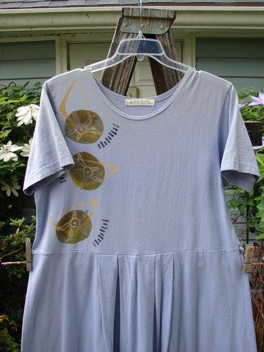 Vintage 1997 Lawn Dress in Freesia with Geo Design, Size 1, by Blue Fish. Organic cotton, tailored pleats, drop waistline, and signature Blue Fish patch. Bust 48, Waist 48, Hips 60.