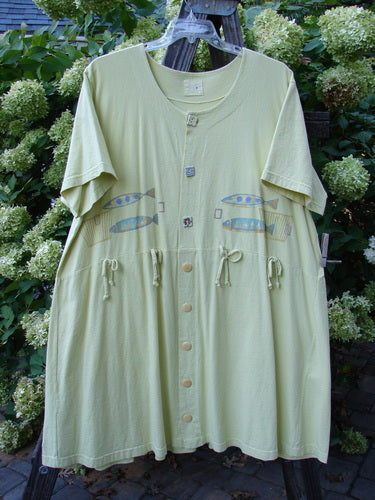 1999 Carry All Dress Double Pike Citron Size 2: A green shirt with fish on it, featuring 8 ceramic and plastic buttons, front loops with tie accents, a draw cord, and a scoop neckline. Bust 60, Waist 60, Hips 64, Sweep 90, Length 40.