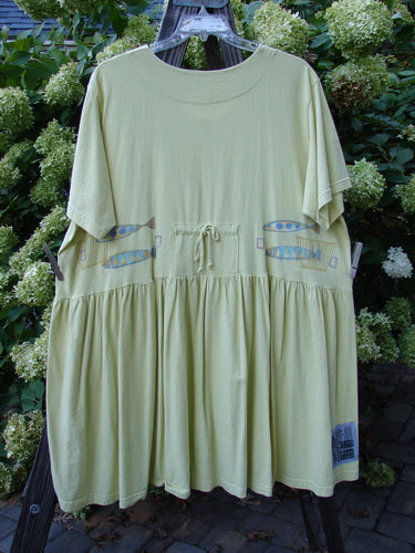 1999 Carry All Dress Double Pike Citron Size 2: A green dress with fish on it. Features 8 original blue fish buttons, front loops with tie, and a centered rear draw cord. Bust 60, waist 60, hips 64, sweep 90, length 40.