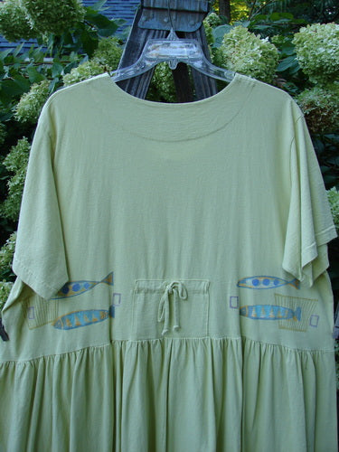 1999 Carry All Dress Double Pike Citron Size 2: A green shirt with fish on it, featuring 8 original blue fish buttons, front loops with tie accents, and a scoop neckline.