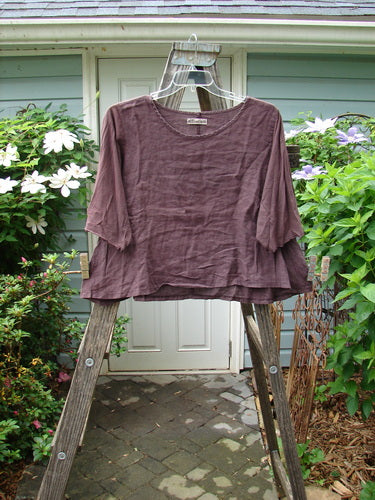 Barclay Cotton Sleeved Linen Crop Top Unpainted Fig Size 1 displayed on a wooden ladder, showcasing its three-quarter length sleeves with curly edges and rounded neckline.