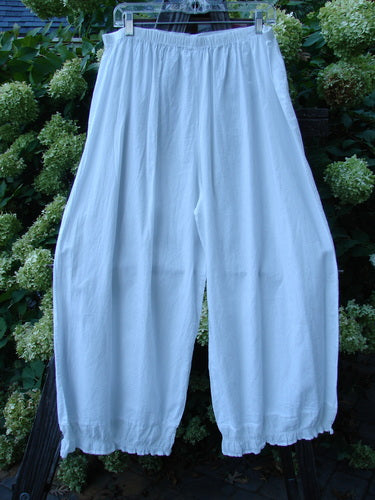 Barclay Batiste Carousel Flutter Pant Stripe White Size 2: A pair of pants on a clothesline, made from featherweight cotton. Slightly cropped length with super stripe ruffle lowers, elastic waistline, and wide flowy shape. Perfect for spring or summer!