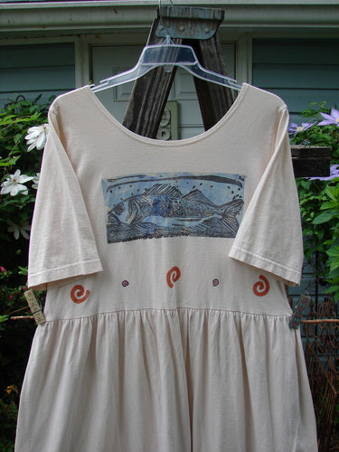 1996 Simple Dress featuring Fish design in Birch Bark, Size 2. Organic Cotton, Empire Waist, Gathered Fabric, Full Skirt. Blue Fish Stamp. Bust 46, Waist 46, Hips 66, Length 52 inches. Vintage Blue Fish Clothing from BlueFishFinder.com.