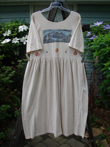 Vintage 1996 Simple Dress with Fish Theme in Birch Bark, Size 2. Organic cotton, empire waist, gathered fabric, sweeping skirt. Blue Fish stamp. Bust 46, Waist 46, Hips 66, Length 52 inches.