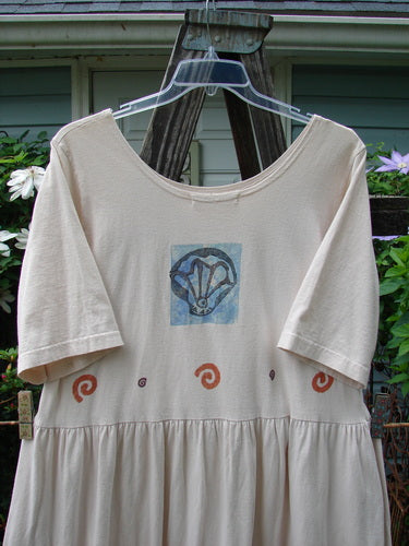 Vintage 1996 Simple Dress with Blue Fish Stamp in Birch Bark, Size 2. Features include empire waist, gathered fabric, and sweeping skirt. Organic cotton. Length: 52. From BlueFishFinder.com.