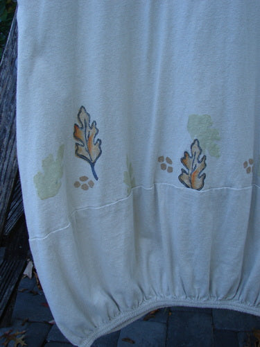 2000 Cotton Hemp Libby Jumper Falling Leaf Dove Altered Size 1, featuring an elastic hem with autumnal motifs of oak leaves and acorns, draped outside, highlighting Bluefishfinder.com's vintage-inspired elegance.