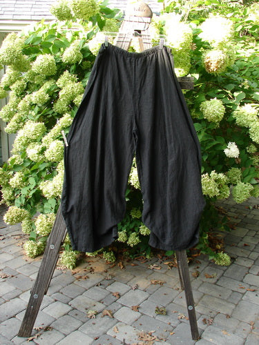 Barclay NWT Billow Pant, size 2, draped black linen pants on wooden rack. Unique 3D diamond cut from knee down. Interior draw cords.
