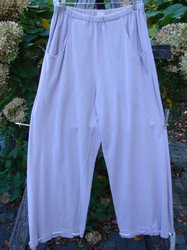 1999 Ribbon Pant Unpainted Orchid Size 1, featuring wide-leg design with elastic waistband and deep front cargo pockets, hangs outdoors. Silk ribbon-adorned cuffs offer playful versatility between pantaloon and flared styles.