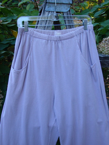 1999 Ribbon Pant Unpainted Orchid Size 1 with elastic waistband and deep front bubble cargo pockets, displayed on a hanger outdoors. Playful button holes and silk ribbons at cuffs add a whimsical touch.