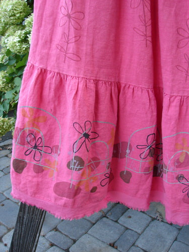 Barclay Linen Fold Over Three Tier Skirt Daisy Flamingo Size 2: A mid-weight linen skirt with a full cotton lycra waistline panel, triple horizontal tiers, and a frayed lower batiste hem.