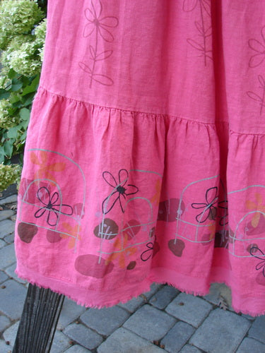 Barclay Linen Fold Over Three Tier Skirt Daisy Flamingo Size 2, featuring a frill detail, full cotton Lycra waistline panel, triple horizontal tiers, and a sweet frayed lower batiste hem.