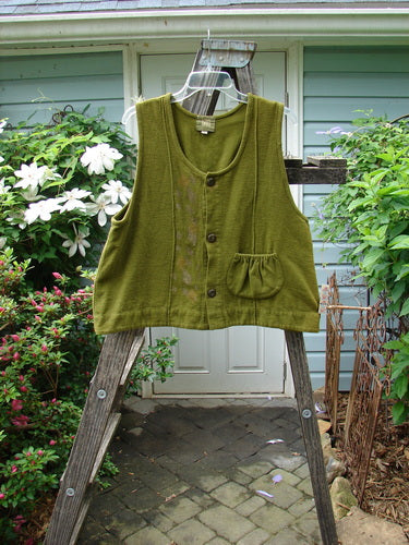 2000 Cylla Vest Diamond Greenroot Size 1 displayed on a wooden ladder, showcasing thick cotton flannel, thermal accents, three metal buttons, and an A-line shape.