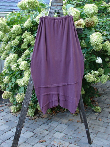 2000 Thermal Awen Skirt Unpainted Murple Size 2: A purple skirt with a full elastic waistband, generous lower bell shape, and textured diagonal hemline.
