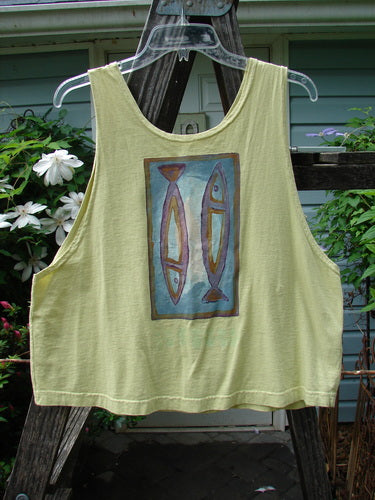 1999 Crop Tank Top Pike Duo Citron Size 0 featuring a double fish painting, scooped neckline, and boxy shape made from mid-weight organic cotton; perfect for hot summer days.