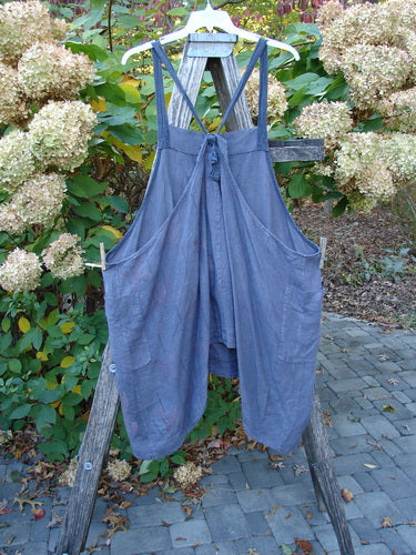 Barclay Linen Apron Jumper Celtic Rain Raven Size 2 displayed on a wooden ladder in a garden. Features include a banded upper bib, wrap drop side pockets, and uniquely striped adjustable shoulder straps.