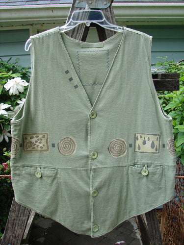 A vintage 1995 Button Vest from BlueFishFinder, featuring a wind and rain theme with tiny front buttons, loop closures, and a unique hemline. Made of double-layered cotton jersey, this altered OSFA piece exudes creative freedom and individuality.