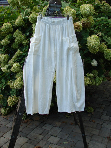 Image alt text: Barclay Linen Side Pocket Pepper Pant, a pair of white pants on a rack, with exterior front side back wrap pockets, slightly cropped length, and billowy shape. Size 1.