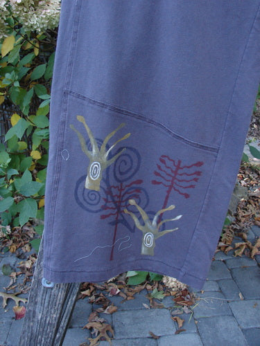 Barclay Wide Leg Bottom Panel Pant Treehouse Brum Size 2 features a slate-gray cotton Lycra with hand-painted earthy motifs near the hem, showcasing vertical seams and swingy bottom panels.