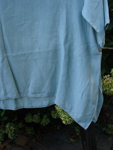 Barclay Linen Cross Dye T Top Unpainted Sage Size 1: A blue linen T top hanging on a clothesline, with a close-up of a plant.