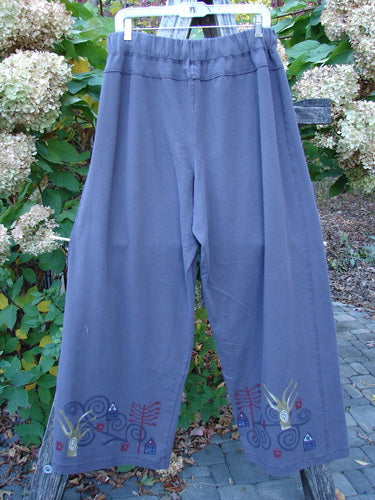 Barclay Wide Leg Bottom Panel Pant Treehouse Brum Size 2 features grayish-blue, wide-leg trousers with colorful embroidery at the hem, elastic waist, and unique seams, embodying Bluefishfinder.com's vintage, creative spirit.