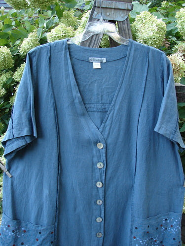 Image alt text: Barclay Linen Double Tie Back Jacket in Rain Shower Dusty Blue Teal, size 2, on a swinger