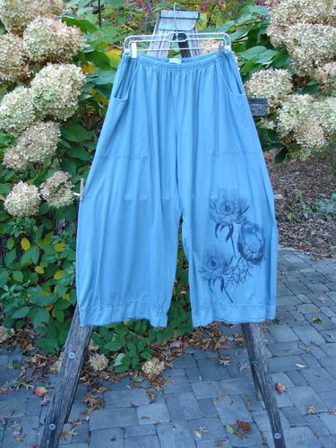 Barclay Lightweight Crop Nepenthe Pant Poppy Garden Blue Teal Size 2 features a loose fit, elastic waistband, and floral print on one leg, styled with a unique fluttered hem.