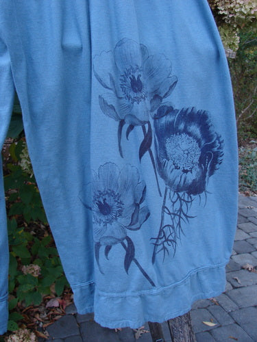 Barclay Lightweight Crop Nepenthe Pant in Poppy Garden Blue Teal Size 2 features a unique floral print with prominent flowers on medium-weight organic cotton, offering a stylish and expressive design.