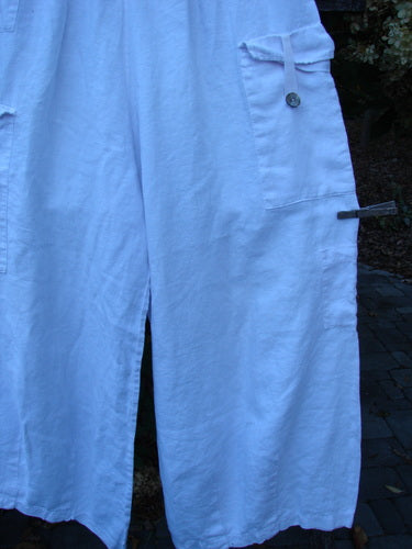 Barclay Linen Button Tab Tool Pocket Pant Unpainted Orchid Size 2 hanging outdoors, showcasing wide-leg design, large side pockets with button closure, and elastic waist, embodying BlueFishFinder's vintage, creative style.