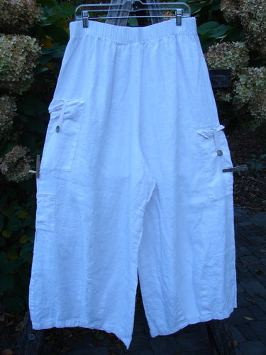 Barclay Linen Button Tab Tool Pocket Pant Unpainted Orchid Size 2, featuring wide-leg, loose-fit culottes with an elastic waistband and multiple flap-buttoned pockets, hanging against a foliage backdrop.