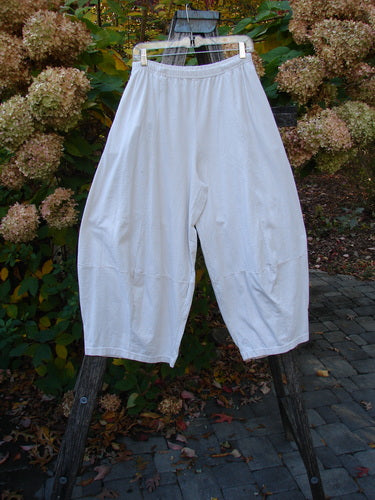 The 1999 4 Square Pant Unpainted Natural Size 1 features wide-leg, cropped design with unique 3D diamond shaping below the knee, elastic waistband, and deep side pockets, displayed outdoors on a wooden frame.