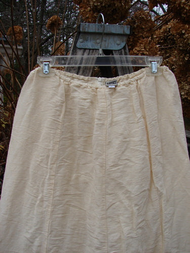 2000 Hemp Silk Reverse Skirt Unpainted Parchment Size 1 features an ankle-length design with elasticized waistband, sectional curved seams, and flattened rear zipper, showcasing BlueFishFinder's vintage, creative aesthetic.