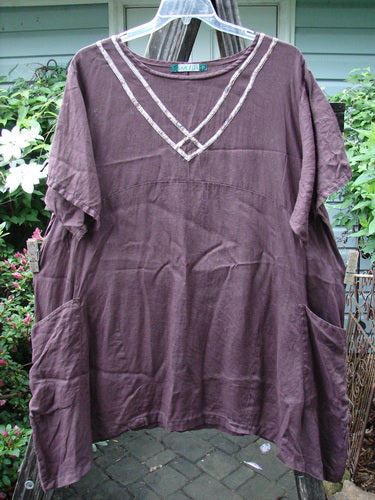 Barclay Linen Ditsy Cross Over Urchin Pocket Dress Burgundy Size 2 displayed on a clothes rack, showcasing its short sleeves and intricate pattern.