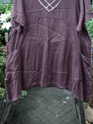 Barclay Linen Ditsy Cross Over Urchin Pocket Dress Burgundy Size 2 displayed on a clothes rack, highlighting its short sleeves and intricate fashion design pattern.