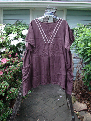 Barclay Linen Ditsy Cross Over Urchin Pocket Dress, Burgundy Size 2, displayed on a hanger. The short-sleeved dress features a distinctive crossover design and practical pockets.