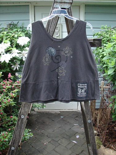 1995 Klee Top Flower Power Shadow Altered Size 2, Vintage Blue Fish Clothing. A swingy crop top in mid-weight cotton. Features a scooped neckline, Blue Fish patch, and hand-stamped ceramic button detail. Collectible playful piece.