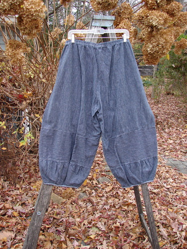 Barclay Hemp Cotton Meadow Pant Unpainted Black Stripe Size 1, featuring a full elastic waist, gathered panels, and tapered cuffs, hanging outdoors, capturing the essence of vintage-style loose-fitting trousers.