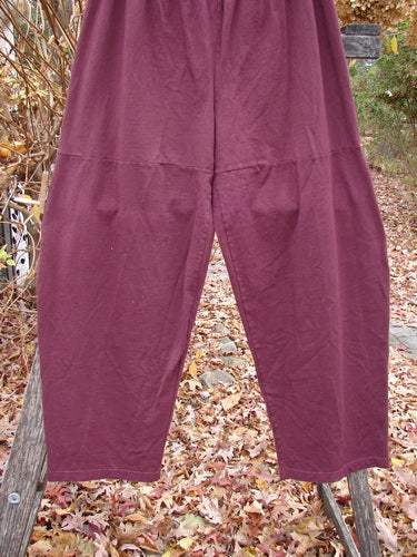 Barclay Quadrant Pant Unpainted Burgundy Size 1, showcasing loose-fitting organic cotton trousers with unique upper thigh seams and a full elastic waist, hanging outdoors.