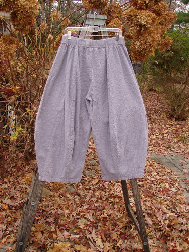 Barclay Pucker Crop Mojo Pant Unpainted Lavender Size 1, loose-fitting ankle-length with a unique 3D diamond cut from the knee, elastic waistband, and generous front pockets, hanging outdoors amid autumn leaves.