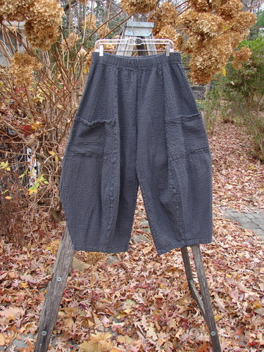Barclay Pucker Crop Mojo Pant Unpainted Ironworks Size 1, displayed on a hanger outdoors, showcases unique 3D diamond-cut legs and generous front pockets, reflecting vintage elegance from Bluefishfinder.com.