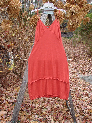 2000 Wool Pointelle Lulu Slip Dress Sienna Smaller Size 0 elegantly draped on a wooden stepladder, showcasing its delicate spaghetti straps, criss cross bodice, and distinctive horizontal lettuce edging amid an autumnal setting.