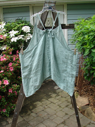 Barclay Linen Drop Pocket Apron in Seafoam, Size 2, hanging on a clothesline in a garden setting. Features adjustable straps, drop sides, and double front pockets. Unpainted for easy layering. Vintage Blue Fish Clothing.