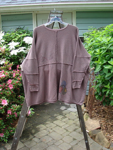 A vintage Barclay Textured Cotton Knit Square Pullover Sweater in Galaxy Bark, Size 3, on a clothes rack. Features sectional seams, square shape, longer sleeves, and empire waist seam. Bust 72, Waist 70, Hips 72, Length 34.