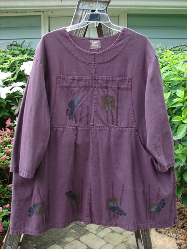 Vintage 1999 Denim Romper Tunic Dress with Forest Leaf Paint, featuring split bib pockets, cargo style pockets, and a unique back seam design. From BlueFishFinder's collection of expressive, timeless Blue Fish Clothing.