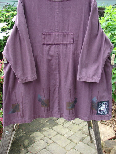 Vintage 1999 Denim Romper Tunic Dress with Forest Leaf Paint, Plum Wine, Size 2, from BlueFishFinder.com. Features bib pockets, cargo style pockets, rounded neckline, and unique back seam design. Perfect condition.
