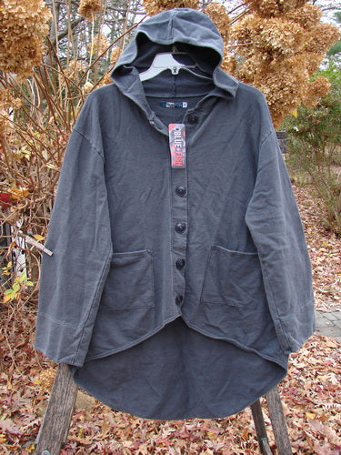 Barclay NWT Favorite Pocket Hoodie Primitive Pony Block Shadow Size 0 displayed on a hanger, featuring a pointed hood, oversized buttons, patch pockets, and a high-low hem against a natural backdrop.