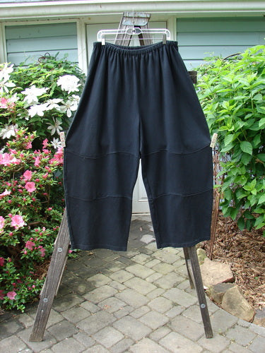 Vintage Barclay Interlock Moor's Pant in Black, Size 2, on a clothes rack outdoors. Features a full elastic waistband, pegged lower shape, and bell leg. Perfect for creative expression.