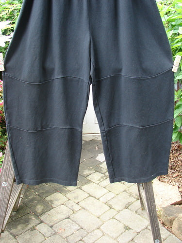Barclay Interlock Moor's Pant Unpainted Black Size 2, a vintage Blue Fish Clothing piece by Jennifer Barclay. Full elastic waistband, pegged lower shape, mid-leg bell, three panels, slight crop length. Length 42 inches.